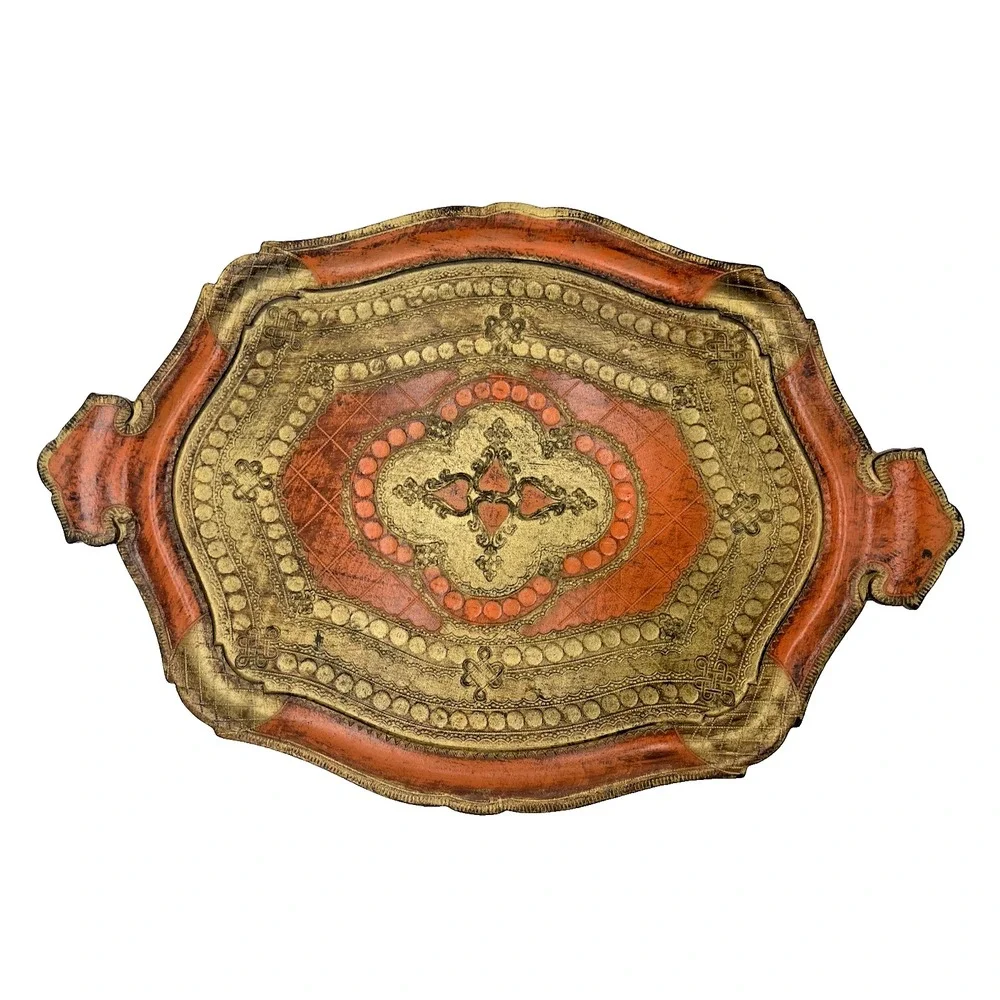 Vintage Italian‎ Florentine Gilt Toleware Orange Gold 14x20 Handled Tray Italy